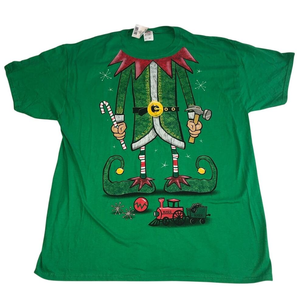 Christmas Shirt Elf Size XL Green Vintage Funny Holiday Short Sleeve Train Tee